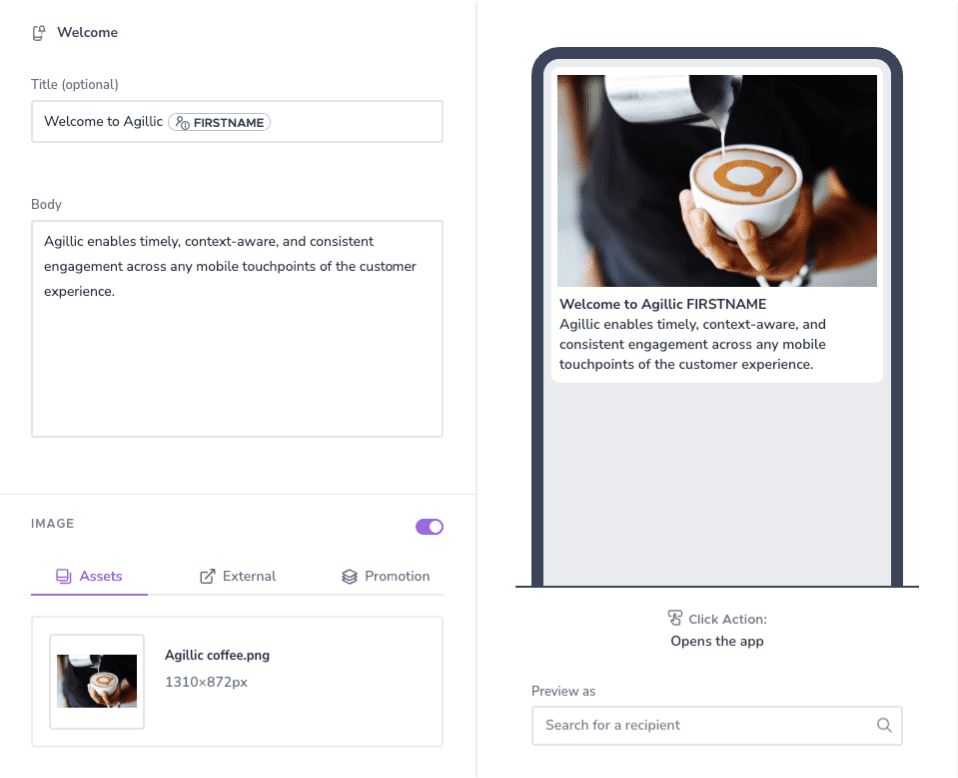 Agillic’s live preview feature when creating app-push and in-app notifications.