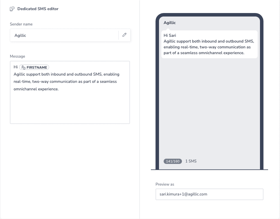 Agillic’s live preview feature when creating SMS.