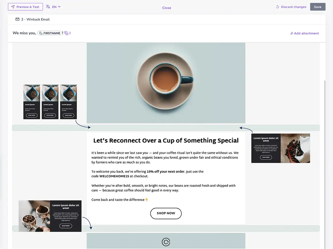 Agillic’s email editor with arrows suggesting drag-and-drop features.