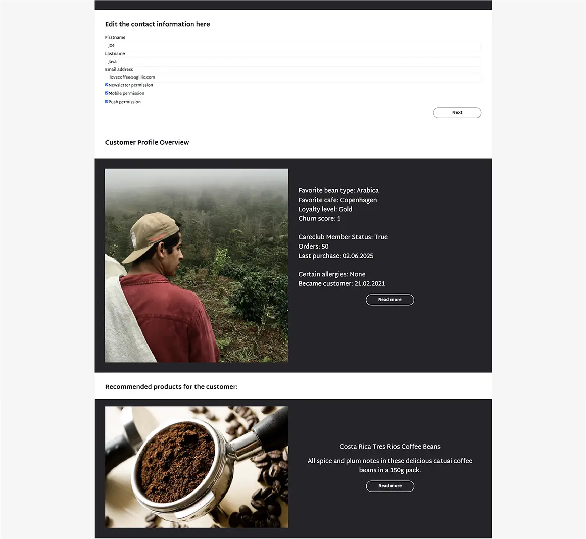Looking up a customer profile and recommended products using the Agillic Advisor Portal.